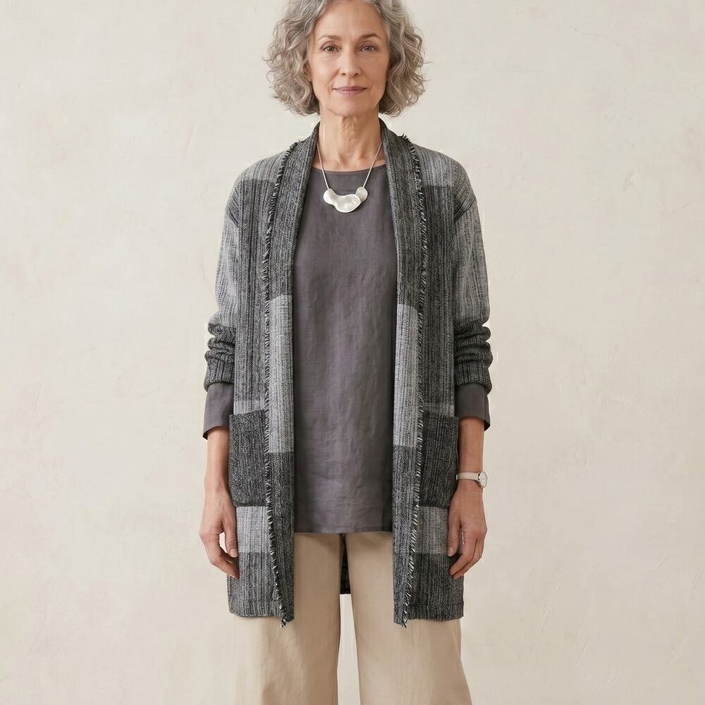 Eileen Fisher Organic Cotton Hazy Blocks Jacket Greys size S/M